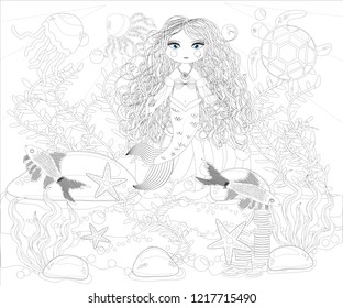 Coloring book for children: little mermaid and sea world