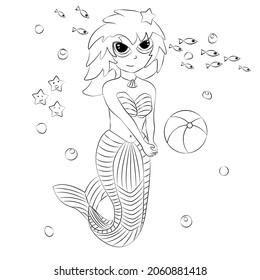 Coloring book for children. The little mermaid plays volleyball. The task for children can be used in a book, magazine.