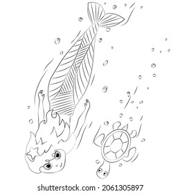 Coloring book for children. The little mermaid swims to the distillation with a turtle. The task for children can be used in a book, magazine.