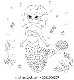 Coloring book for children. The little mermaid plays tennis. The task for children can be used in a book, magazine.