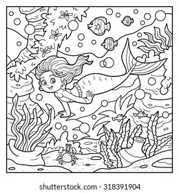 Coloring book for children: little mermaid and sea world