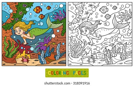 Coloring book for children: little mermaid and sea world