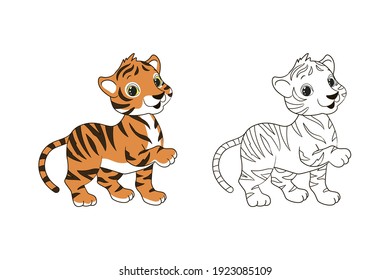 Coloring book for children, little striped tiger cub. Vector illustration in cartoon style, isolated line art