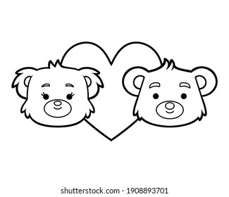 Coloring book for children, Loving couple of bears and a big heart on the background