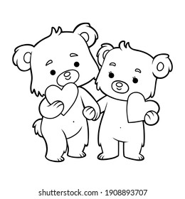 Coloring book for children, Loving couple of bears and heart-shaped valentine card