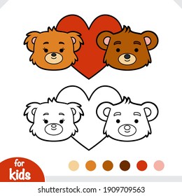 Coloring book for children, Loving couple of bears and a big heart on the background