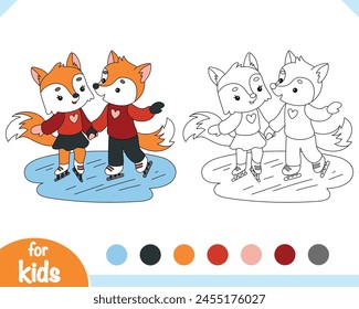 Coloring book for children, Loving couple of foxes are skating on ice skates