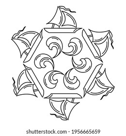 Coloring book for children. Mandala. Sailing boat and sea waves. Vacation travel. Vector illustration for coloring pages.