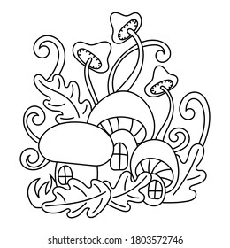 Coloring book for children. Mushrooms-houses in the magic forest. Plants and leaves, vector Doodle illustrations . Black and white pattern