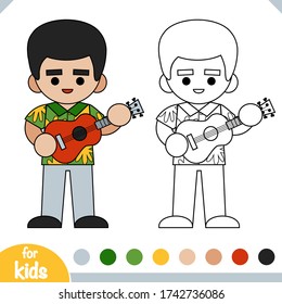 Coloring book for children, Musician man in Hawaiian shirt with ukulele