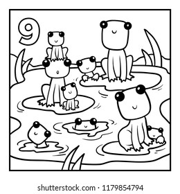 Coloring book for children, Nine frogs