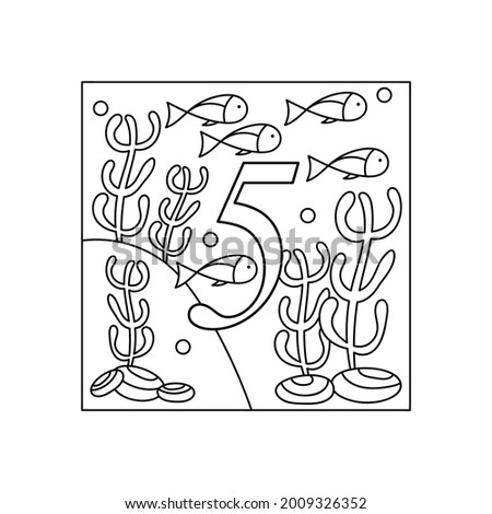 Coloring book for children, numbers. Five. Education and entertainment. Underwater world. Color and count, vector illustration.