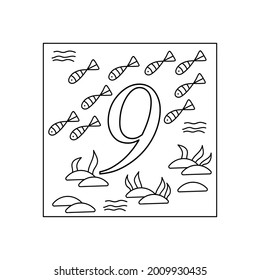 Coloring book for children, numbers. Nine. Education and entertainment. Underwater world. Color it and count it.