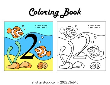 Coloring book for children, numbers. Two. Education and entertainment. Underwater world. Color it and count it. Vector illustration