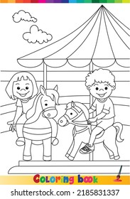 Coloring Book. Children On The Carousel. Coloring Page