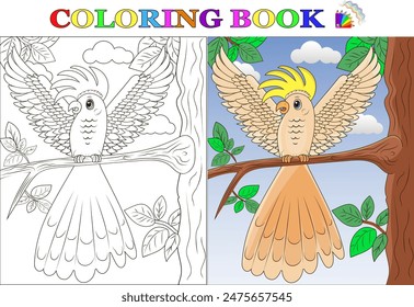 Coloring book for children on the theme: The cockatoo parrot sits on a branch. Vector illustration 10 eps.