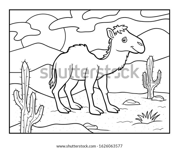 Coloring book for children, One-humped camel\
on a desert\
background