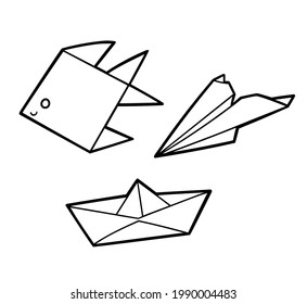 Coloring book for children, Origami. Fish, plane, ship shapes
