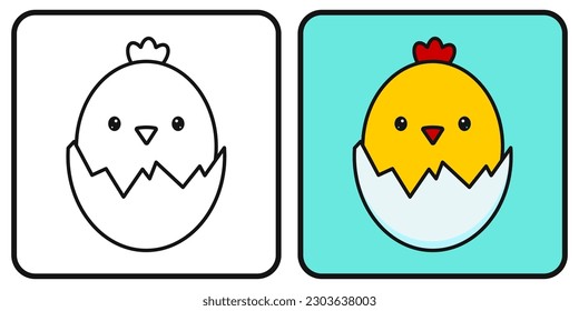 Coloring book for children. Coloring page. A chick peeks out of an eggshell. A newborn chick. Vector illustration.