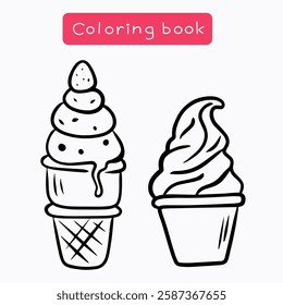 Coloring book for children, coloring page with fun ice creams, vector illustration available for printing