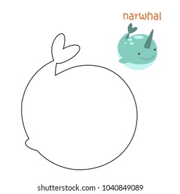 Coloring book for children. Coloring page with narwhal