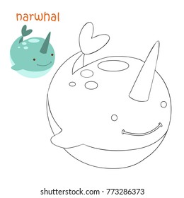 Coloring book for children. Coloring page with narwhal