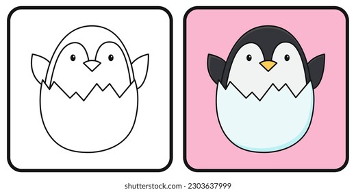 Coloring book for children. Coloring page. A penguin peeks out of an eggshell. Newborn penguin. Vector illustration.