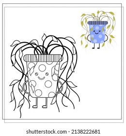 Coloring book for children. Paint a cute cartoon flower in a pot based on the drawing. Vector isolated on a white background.