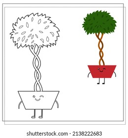 Coloring book for children. Paint a cute cartoon flower in a pot based on the drawing. Vector isolated on a white background.
