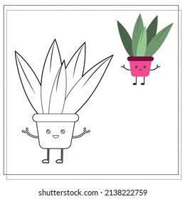 Coloring book for children. Paint a cute cartoon flower in a pot based on the drawing. Vector isolated on a white background.