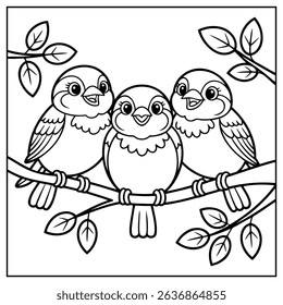 Coloring book for children: pair of birds on the tree branch