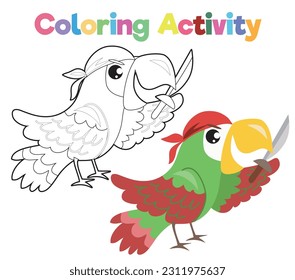 Coloring book for children pirate’s parrot. Educational printable coloring worksheet. Coloring activity for children. Vector outline coloring page kids.