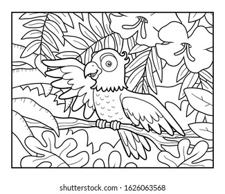 Coloring book for children, Parrot on a branch in the rainforest