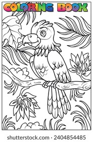 coloring book for children - a parrot sitting on a tree in the jungle.