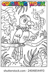 coloring book for children - a parrot sitting in the jungle on a tree singing with notes in the air.