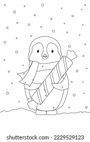 Coloring book for children. Penguin with candy. Vector illustration. Christmas Greeting Card.