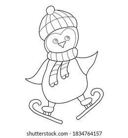 Coloring book for children. Penguin ice skating. Hand drawn. Black and white vector illustration.