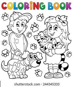 Coloring book children with pets - eps10 vector illustration.