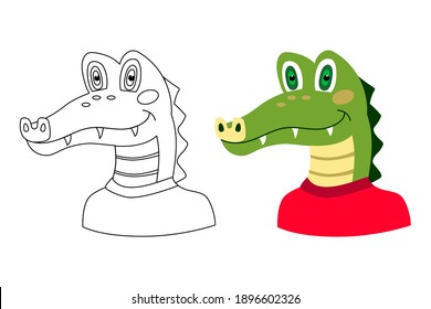 Coloring book for children. The picture shows a portrait of a kind crocodile in a cartoon style. Linear and color drawing are isolated on a white background.