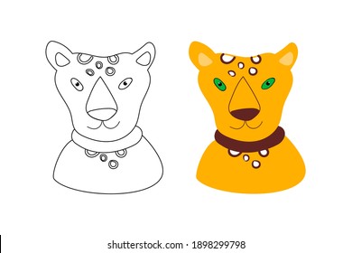 Coloring book for children. The picture shows a portrait of a good leopard. Linear and color drawing are isolated on a white background.