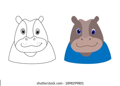 Coloring book for children. The picture shows the face of a hippopotamus in a cartoon style. Linear and color drawing are isolated on a white background.