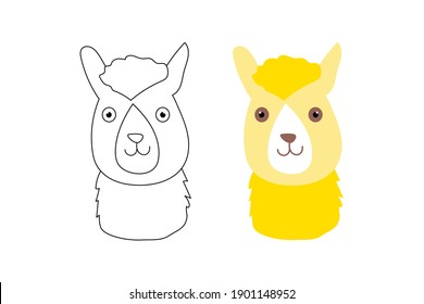 Coloring book for children. The picture shows a portrait of a camel.
Linear and color drawing are isolated on a white background.