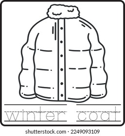 coloring book for children (picture and word). Children need warm winter clothes. A cozy rainy coat. isolated on a white background.
