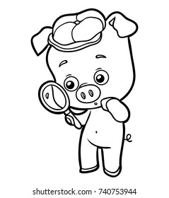 Coloring book for children, pig with a magnifying glass