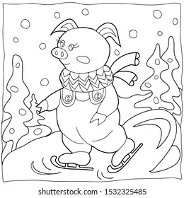 Coloring book for children. Pig on skates. Hand drawn. Black and white vector illustration.
