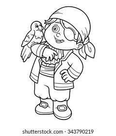 Coloring book for children: pirate boy and parrot