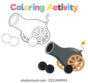Coloring book for children pirate cannon. Educational printable coloring worksheet. Coloring activity for children. Vector outline coloring page kids.