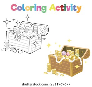 Coloring book for children pirate golden treasure. Educational printable coloring worksheet. Coloring activity for children. Vector outline coloring page kids.