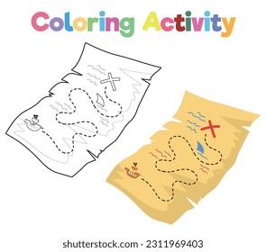 Coloring book for children pirate treasure map. Educational printable coloring worksheet. Coloring activity for children. Vector outline coloring page kids.