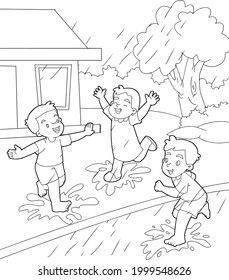 coloring book children playing in the rain